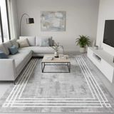 Gri Beyaz Modern Çerçeve Desenli Dijital Baskılı Halı – Kaymaz Tabanlı, Minimal Dokulu Şık Salon Ve