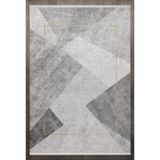 Gri Çerçeve Modern Geometrik Etnik Eskitme Desenli Boho Makinada Yıkanabilir Hafif Hav Toz Vermez Leke Tutmaz Kaymaz Taban Dijital Makine Baskı Halı Oturma Odası Salon Yolluk Koridor Mutfak Halısı