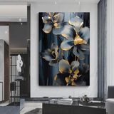 Gri Çiçekler Kanvas Tablosu, Çiçek Duvar Dekoru, Altın Desenli Lüks Duvar Tablosu - 80 x 120 - Çok Renkli