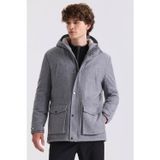 Grı Comfort Fit Kapüşonlu Yünlü Mont