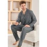 Gri Ekose Desenli Düğmeli Elegant Erkek Pijama Takımı Regular Kesim Konforlu Polar Kumaş