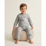 Gri Erkek Bebek Ayıcık ve Araba Baskılı Ribanalı Sweatshirt Eşofman 2 Parça Takım