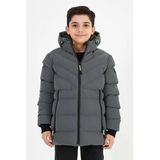 Gri Erkek Çocuk Sabit Kapüşonlu Şişme Deri Karışımlı Kumaş Mont&kaban
