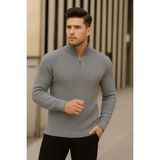 Gri Erkek Oversize Fermuarlı Balıkçı Triko Kazak - XL