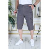 Gri Erkek Slim Fit Kapri Likralı Gabardin/kanvas Kargo Cepli Bermuda - Koyu Gri - 36