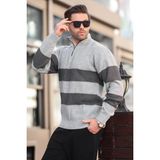Gri Fermuar Yaka Çizgili Erkek Kazak E7272 - 2XL