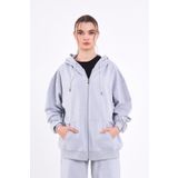Gri Kanguru Cepli Kapüşonlu Fermuarlı Oversize Kadın Sweatshirt
