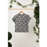 Gri Kiz Cocuk Kisa Kollu Desenli Bisiklet Yaka Terletmez, Yumusak Rahat 100 Pamuklu Penye T-Shirt