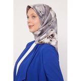Gri Lotus Çiçek Twill İpek Eşarp