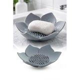 Gri Lotus Desenli Silikon Sabunluk Su Giderli Katı Sabun Ve Sünger Organizer Banyo Mutfak