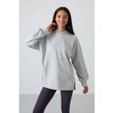 Gri Melanj Balon Kol Yazı Nakışlı Kadın Oversize Tunik Sweatshirt - 97163