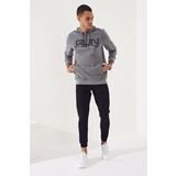 Gri Melanj Erkek Yazı Nakışlı Standart Kalıp Kapüşonlu Sweatshirt-87887