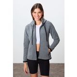 Gri Melanj Kalın Yumuşak Dokulu Kapüşonlu Standart Fit Nakışlı Polar Kadın Sweatshirt -97287