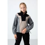 Gri Melanj Kalın Yumuşak Dokulu Oversize Nakışlı Polar Kız Çocuk Sweatshirt - 75153