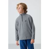 Gri Melanj Kalın Yumuşak Dokulu Standart Fit Nakışlı Polar Erkek Çocuk Sweatshirt - 11221