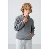 Gri Melanj Kalın Yumuşak Dokulu Standart Fit Nakışlı Polar Erkek Çocuk Sweatshirt - 11230