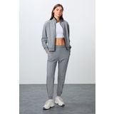 Gri Melanj Kompakt Pamuklu Kalın Pürüzsüz Dokulu Dik Yaka Oversize Fit Kadın Eşofman Takım - 95340