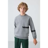 Gri Melanj Pamuklu Kalın İçi Tüylü Standart Fit Baskılı Erkek Çocuk Sweatshirt - 11238
