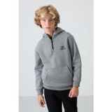 Gri Melanj Pamuklu Kalın İçi Tüylü Standart Fit Nakışlı Erkek Çocuk Sweatshirt - 11244