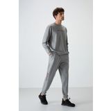 Gri Melanj Pamuklu Kalın Yumuşak Dokulu Comfort Fit Baskılı Erkek Eşofman Takım - 85239