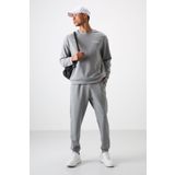 Gri Melanj Pamuklu Kalın Yumuşak Dokulu Comfort Fit Nakışlı Erkek Eşofman Takım - 85254