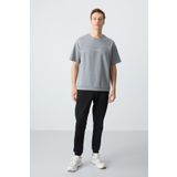 Gri Melanj Siyah Pamuklu Kalın Yumuşak Dokulu Oversize Fit Basic Erkek Eşofman Takım - 85261