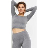 Gri Melanj Uzun Kollu Dar Kalıp O Yaka Kadın Crop Top T-Shirt - 97150