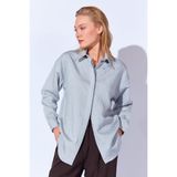 Gri Modal Soft Dokulu Lüx Çizgili Rahat Kesim Kadın Gömlek EK100169403
