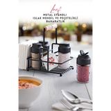 Gri mor Life Metal Standlı Peçetelikli Islak Mendil Bölmeli 4'lü Çift Kapaklı Cam Restoran Kafe Baharatlık Seti Siyah 10 x 10, GM00636