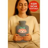 Gri Peluş Sıcak Su Torbası – Yumuşak, Güvenli ve Şık Saçlı Kız Model, 1 Litre