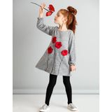 Gri Poppy Çiçekli Kız Çocuk Kol Ucu Lastikli Uzun Kollu Elbise