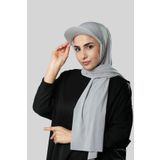 Gri Pratik Hazır Geçmeli Şapkalı Tesettür Şal Sandy Düz 3008_15