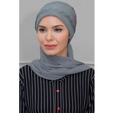 Gri Pratik Hazır Geçmeli Tesettür Bone Fukuro Örgülü Şifon Atkılı - 1825a
