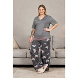 Gri Renk Çiçek Desenli 11058 Kısa Kol Kadın Büyük Beden Anne Pijama Takımı