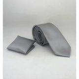 Gri Slim Fit (ince) Düz Renk Mendilli Saten Kravat - SS-04