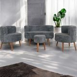 Gri Teddy Kumaş Çay Seti Ikili Koltuk Berjer ve Çift Kişilik Puf (Salon, Balkon, Ofis) 4'lü Takım