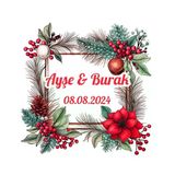 Gri Tonlu Kış Çelengi Etiketi Kına Nişan Düğün 3X3 Cm Özel Etiket / 50 Adet Sticker