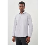 Gri Uzun Kol Kendinden Desenli Armürlü Sert Yaka Cepsiz Pamuklu Classic Slim Fit Gömlek 1004245226_100