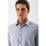 Gri Uzun Kollu Armürlü Cepsiz Pamuklu Likralı Slim Fit Dar Kesim Gömlek 1004240193