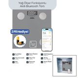 GRİ YAĞ ÖLÇER AKILLI BLUETOOTH CAM BASKÜL PİLLİ 180KG/50GR 26X26CM 8-KİŞİ HAFIZA LCD EKRAN ℃ GÖSTERG