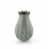 Gri Yeşil Porselen Vazo, 15x25 cm, Çiçek Desenli Ağız Kenarı