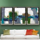 Gri Yeşil Yağlı Boya Temalı Aynalı Çerçeveli 3 lü Kanvas Tablo Seti 150x70 cm SETS0230