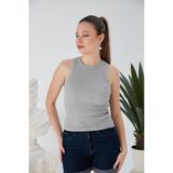 Gri Zargo Model Fitted/vücuda Oturan Geniş Biyeli Halter Yaka Fitilli Esnek Örme Crop Bluz - XL