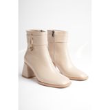Griffa Shoes Kadın Bej 7cm Kalın Topuklu Gold Aksesuarlı Fermuarlı Bot & Bootie