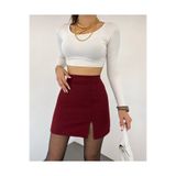 GRİLAND Kadın Bordo Şık Trend Günlük ve özel Gün Kurtarıcı Parça Bordo Esnek Kumaş Yırtmaçlı Mini Etek