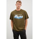 Grimelange Ademir Erkek Oversize Fit Önü Dağ Baskılı Bisiklet Yaka %100 Pamuklu Haki T-shirt - XL