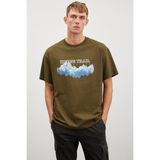Grimelange Ademir Erkek Oversize Fit Önü Dağ Baskılı Bisiklet Yaka %100 Pamuklu Haki T-shirt