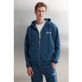 GRIMELANGE Aksel Erkek Yumuşacık Organik Pamuk Oversize Fermuarlı Baskılı Kapüşonlu Mavi Sweatshirt