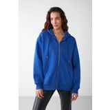 GRIMELANGE Alena Kadın Basic Kanguru Cepli Oversize Organik Pamuk Fermuarlı Kapüşonlu Saks Mavi Sweatshirt