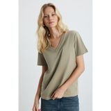 GRIMELANGE Alıne Kadın %100 Organik Pamuk Derin V Yakalı Comfort Fit Bej T-shirt